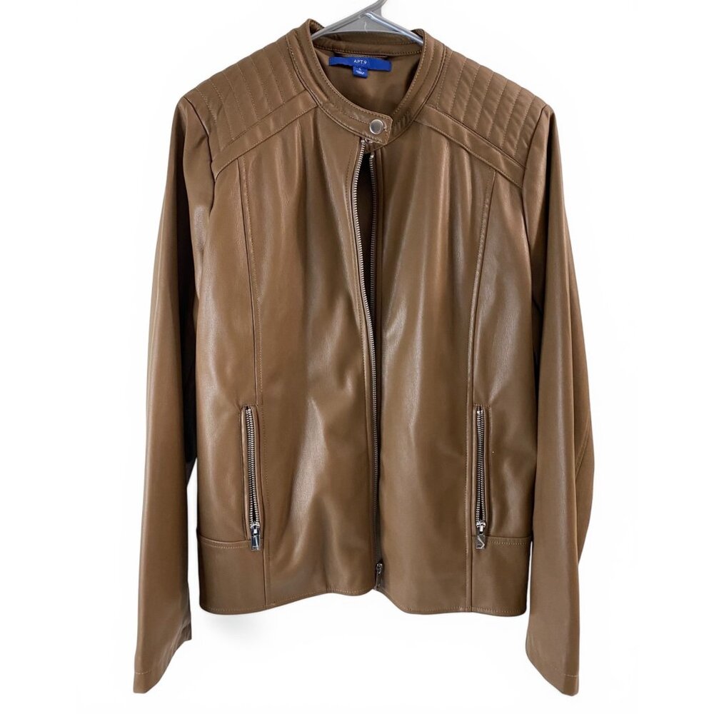 APT.9 Imitation Leather Moto Jacket, Brown Women L, Zip Pockets Biker